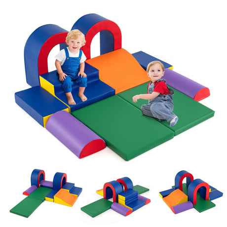 Children playing on a colorful play structure with multiple playsets displayed below.