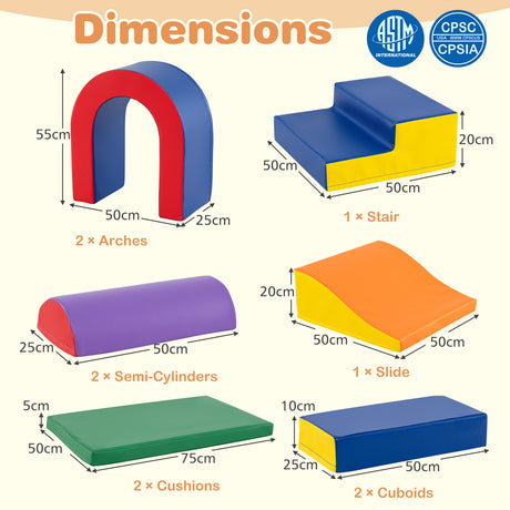 Colorful foam play structures with dimensions and certification logos on a white background