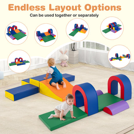 Colorful soft play structure for children with two kids playing on it, set against a light background.