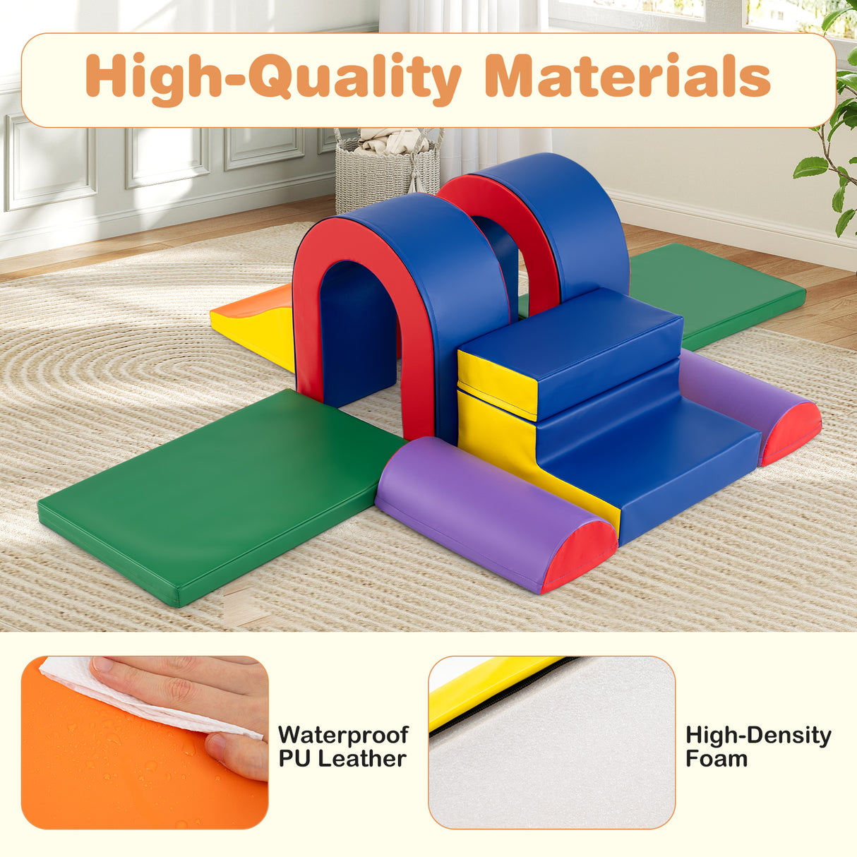 Colorful play structure with high-quality materials text overlay