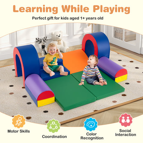 Children playing on a colorful play mat with tunnels and arches, suitable for kids aged 1+ years old.