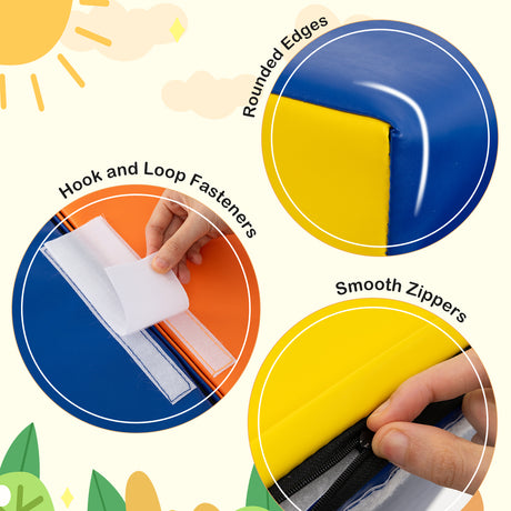 Product features with rounded edges, hook and loop fasteners, and smooth zippers on a colorful background.