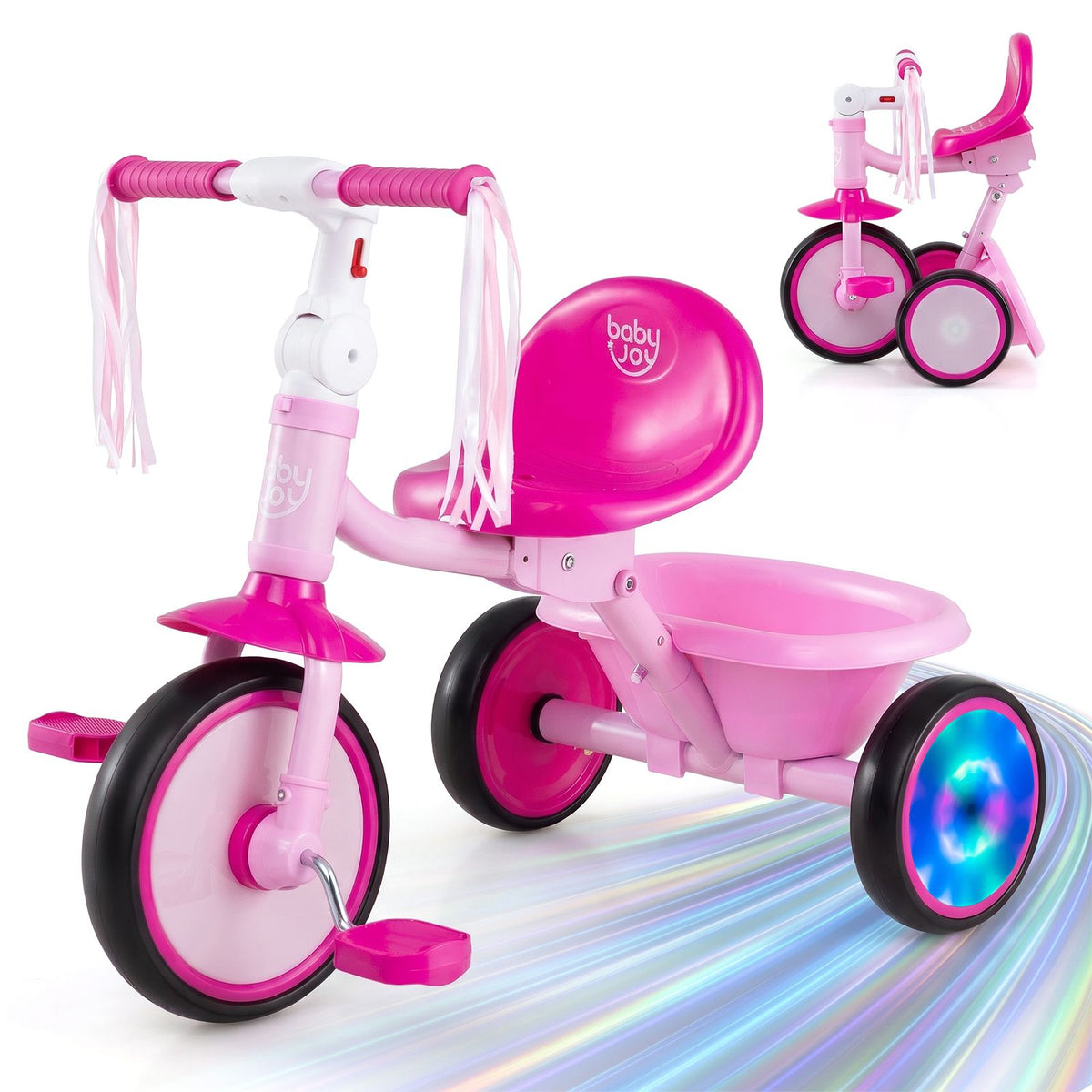 Foldable Toddler Tricycle with Lighting Wheels and Adjustable Seat for 2-5 Years Old