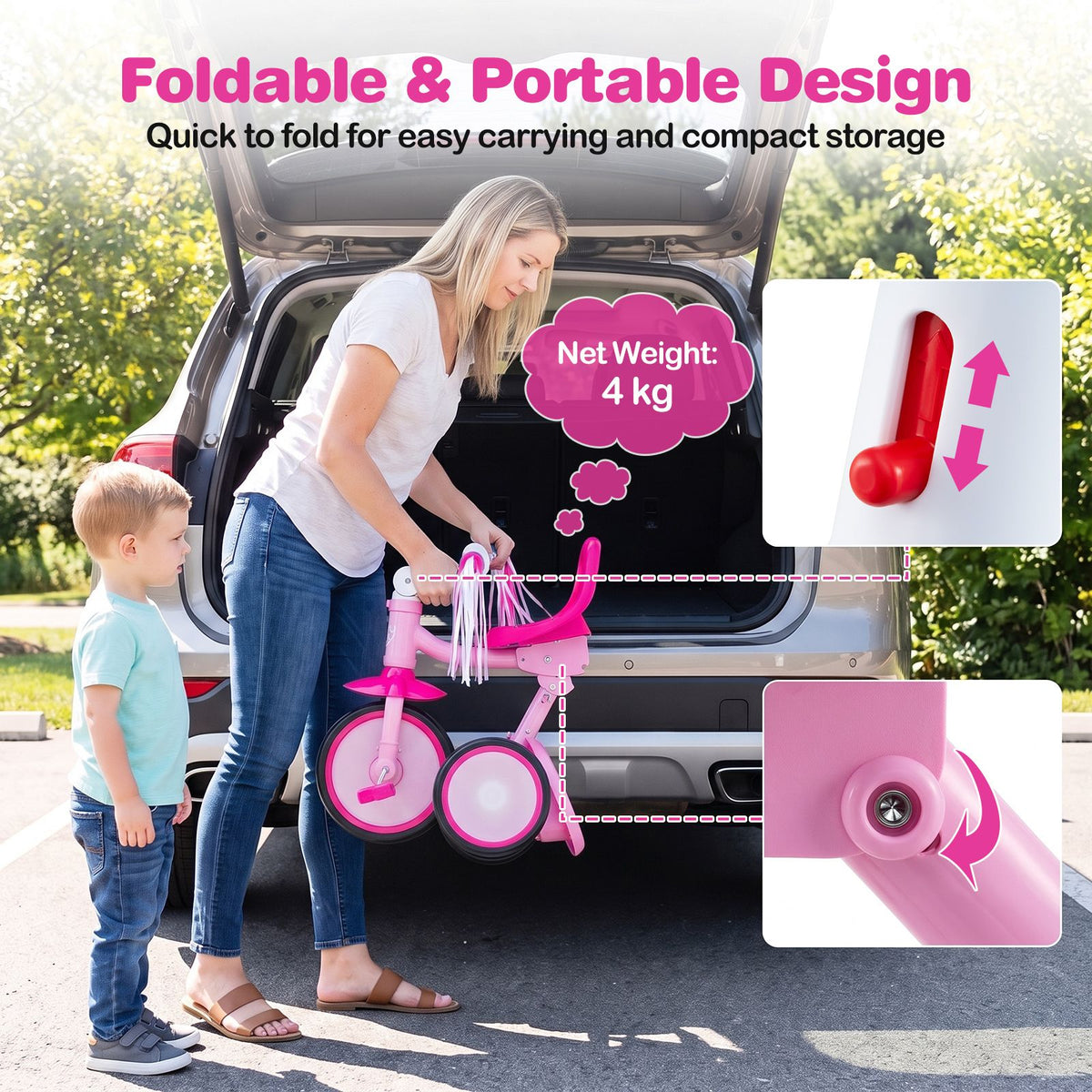 Foldable Toddler Tricycle with Lighting Wheels and Adjustable Seat for 2-5 Years Old