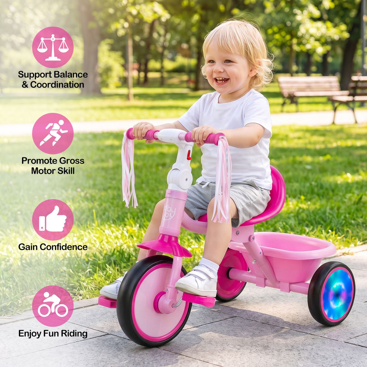Foldable Toddler Tricycle with Lighting Wheels and Adjustable Seat for 2-5 Years Old