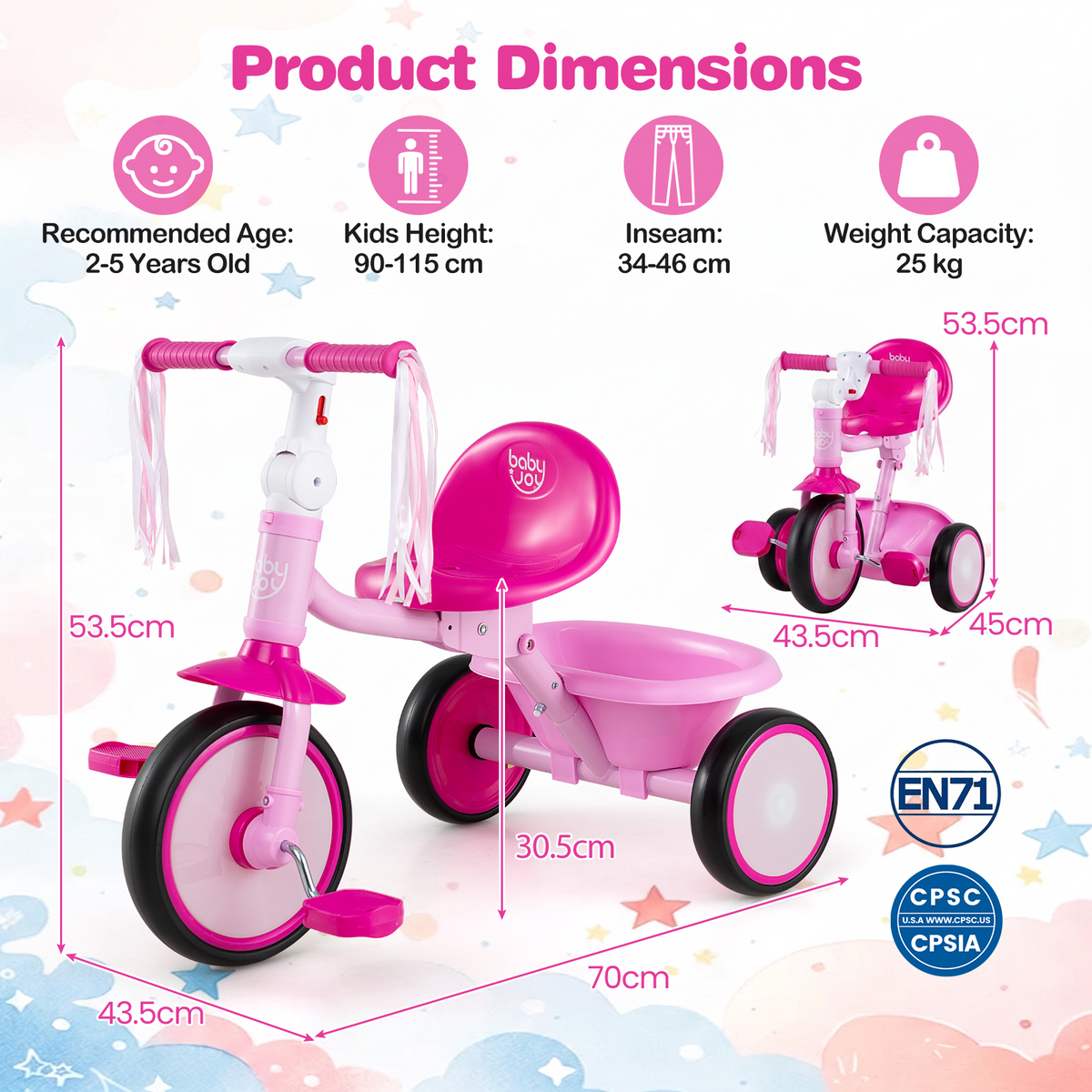 Foldable Toddler Tricycle with Lighting Wheels and Adjustable Seat for 2-5 Years Old