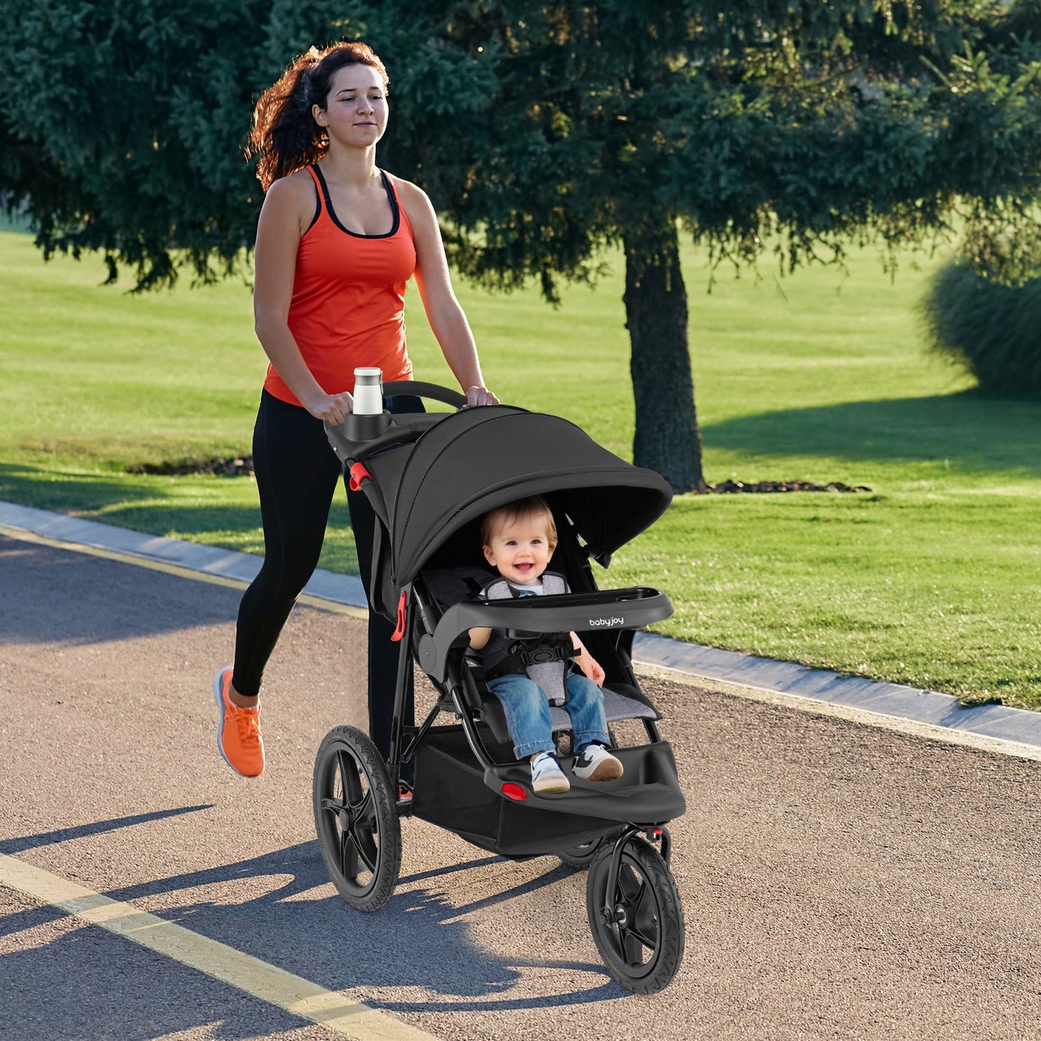 Foldable Jogger with Adjustable Canopy and Detachable Tray