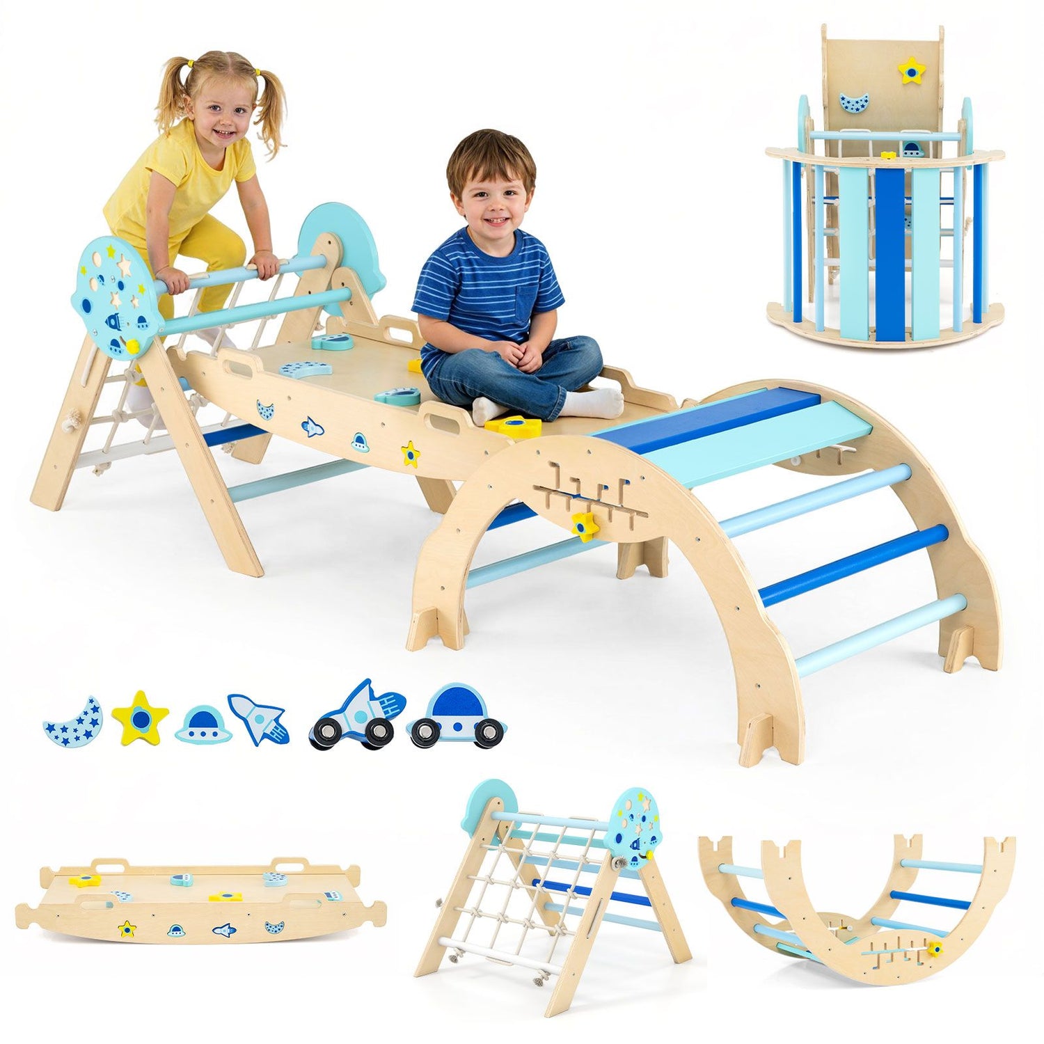 Foldable Jungle Gym with Arch and Ramp for Play Room