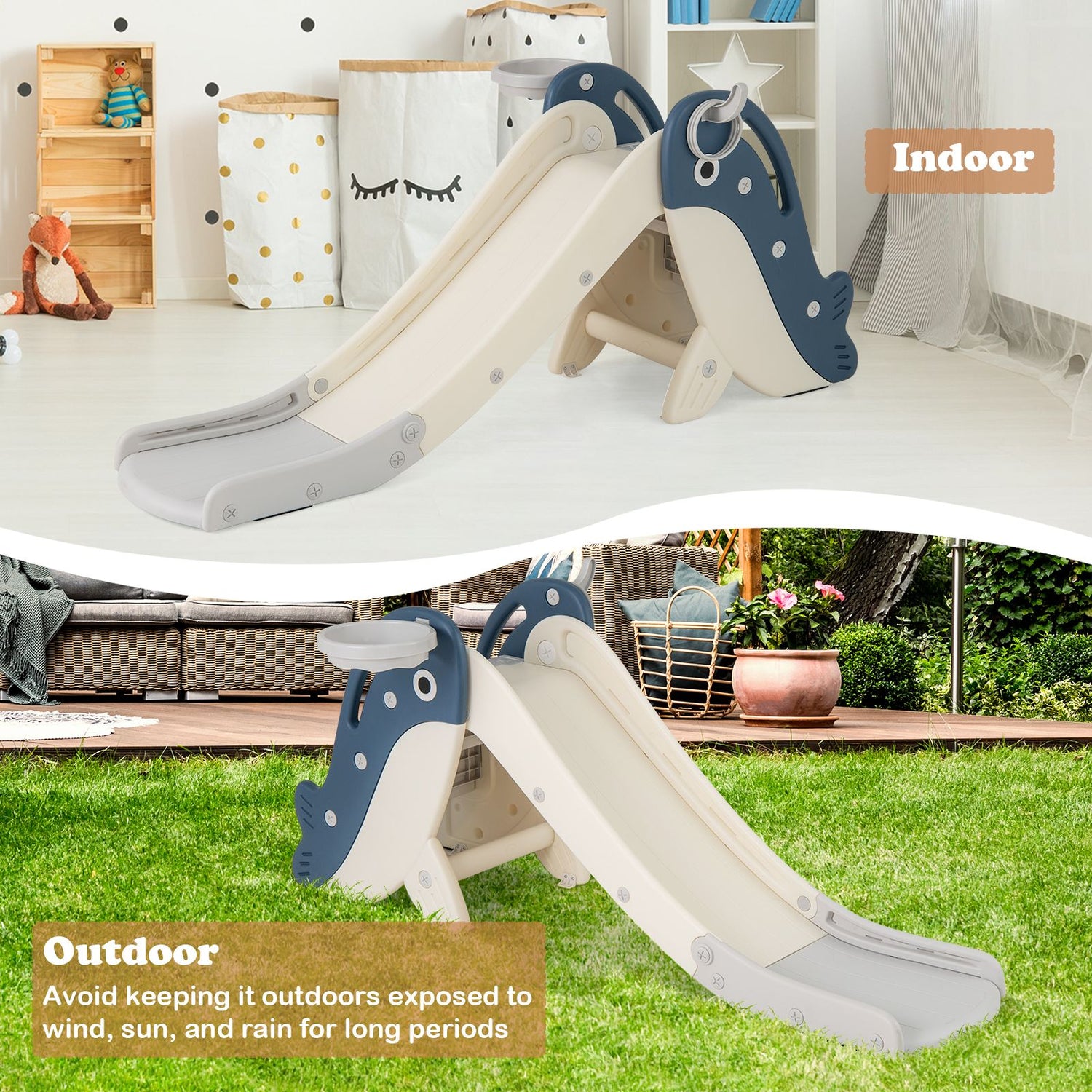 Foldable Toddler Slide with Basketball Hoop and Ring Toss