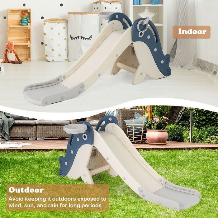 Children's slide with whale design on a white background, labeled 'Indoor'. Another slide is shown outdoors on grass.