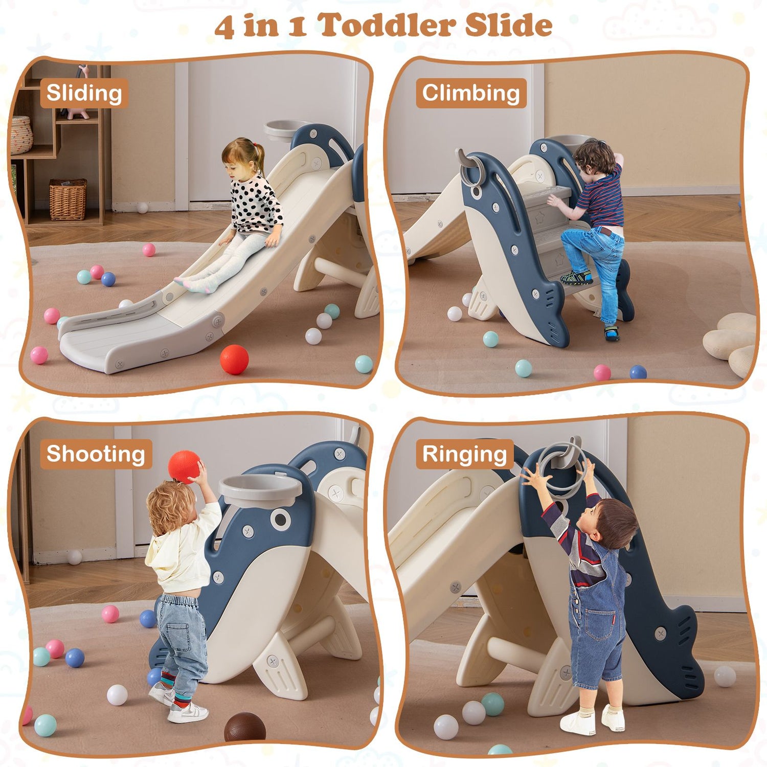 Foldable Toddler Slide with Basketball Hoop and Ring Toss