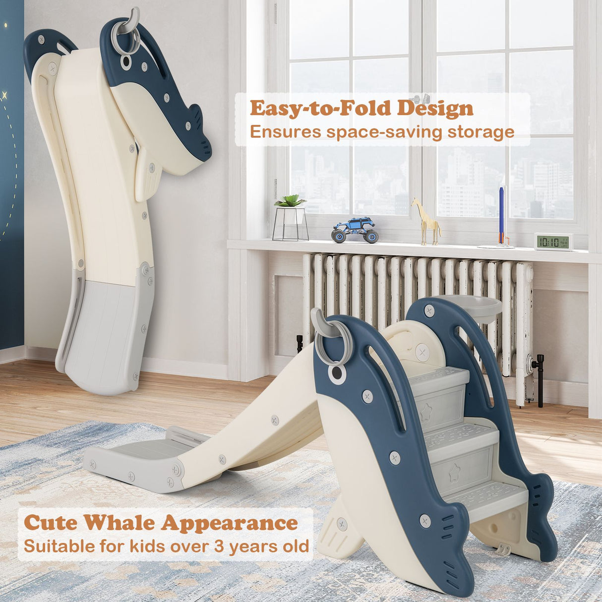 Foldable Toddler Slide with Basketball Hoop and Ring Toss