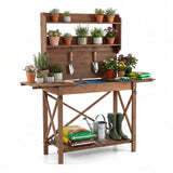Outdoor Potting Bench Table, Wooden Garden Workstation with Sliding Tabletop