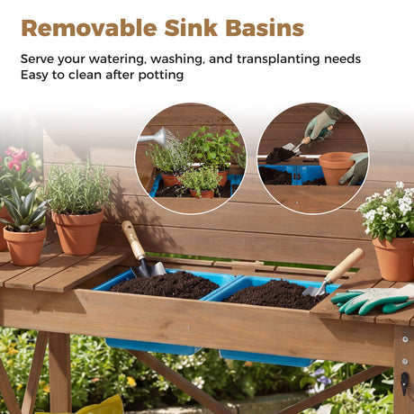 Outdoor Potting Bench Table, Wooden Garden Workstation with Sliding Tabletop