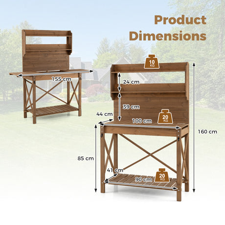 Outdoor Potting Bench Table, Wooden Garden Workstation with Sliding Tabletop