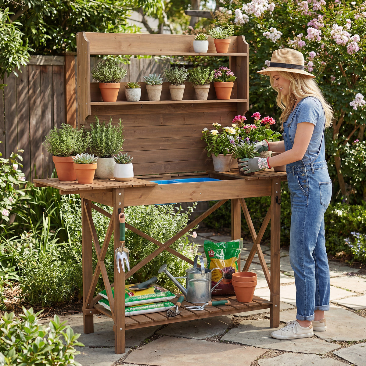 Outdoor Potting Bench Table, Wooden Garden Workstation with Sliding Tabletop
