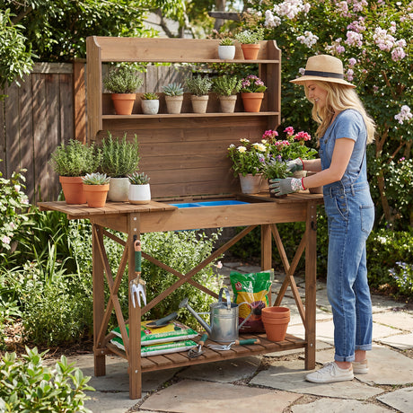 Outdoor Potting Bench Table, Wooden Garden Workstation with Sliding Tabletop