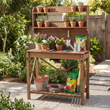 Outdoor Potting Bench Table, Wooden Garden Workstation with Sliding Tabletop
