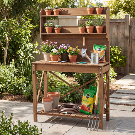 Outdoor Potting Bench Table, Wooden Garden Workstation with Sliding Tabletop