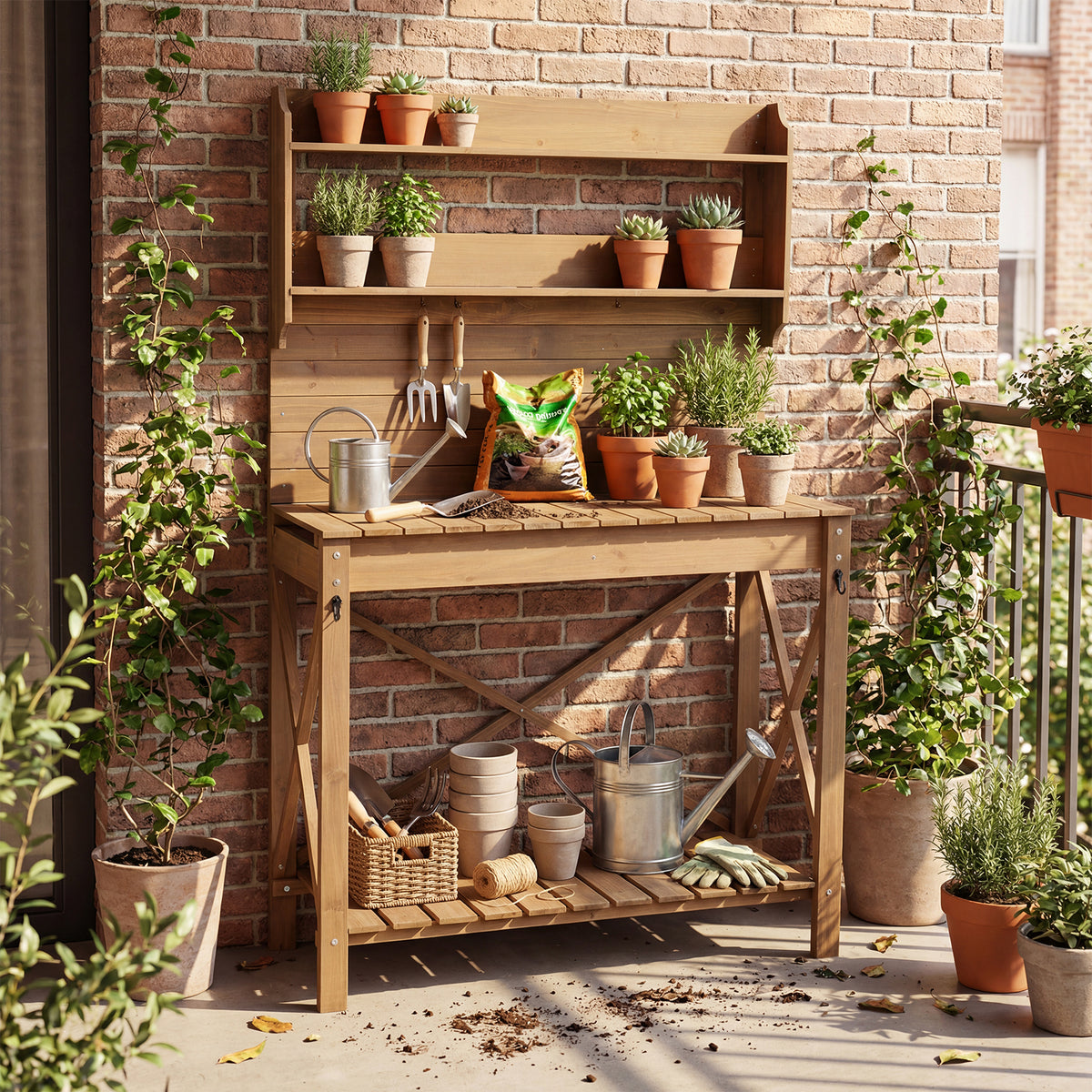 Outdoor Potting Bench Table, Wooden Garden Workstation with Sliding Tabletop