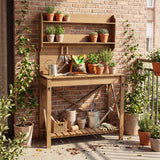 Outdoor Potting Bench Table, Wooden Garden Workstation with Sliding Tabletop