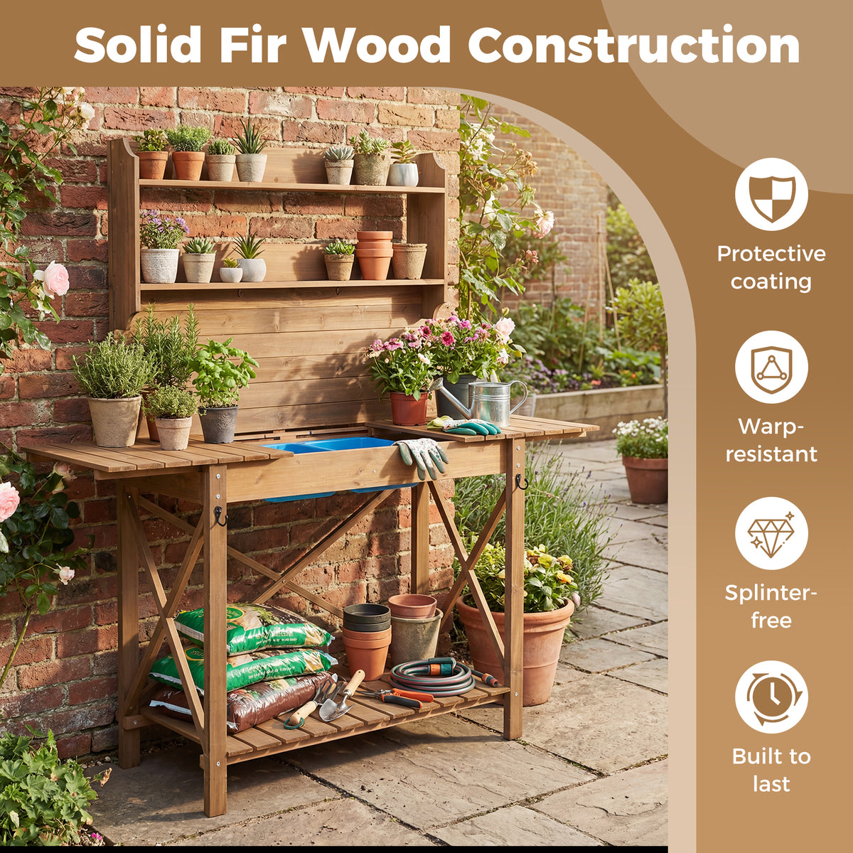 Outdoor Potting Bench Table, Wooden Garden Workstation with Sliding Tabletop