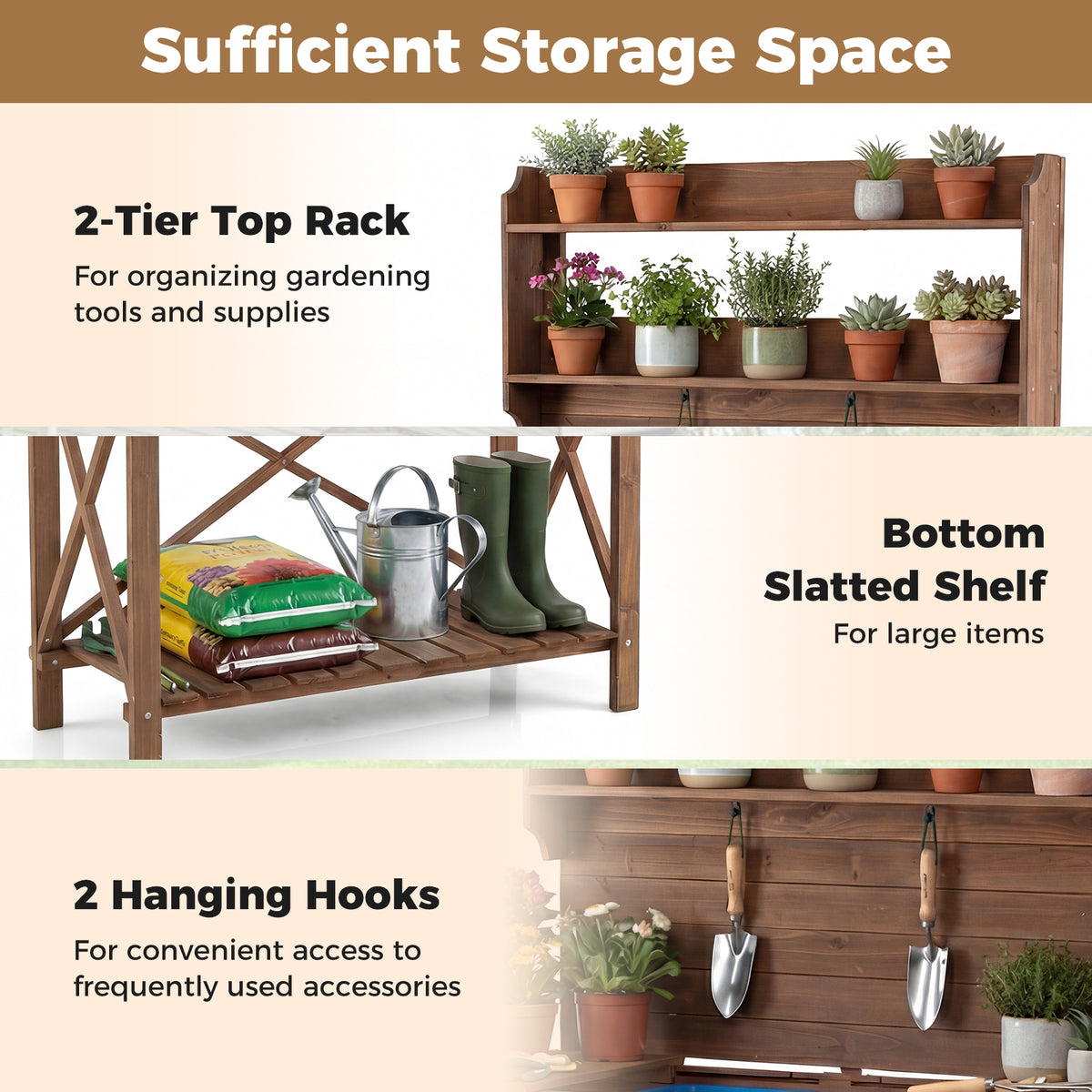 Outdoor Potting Bench Table, Wooden Garden Workstation with Sliding Tabletop