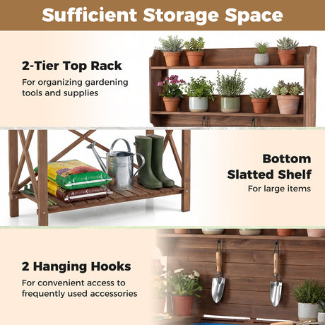 Outdoor Potting Bench Table, Wooden Garden Workstation with Sliding Tabletop