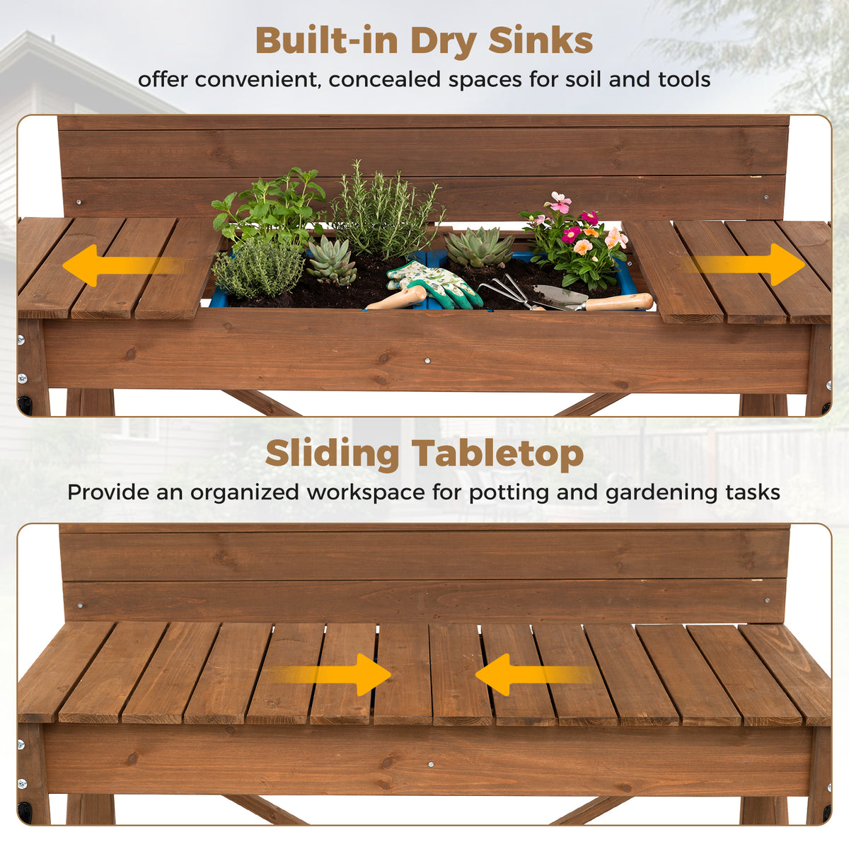 Outdoor Potting Bench Table, Wooden Garden Workstation with Sliding Tabletop