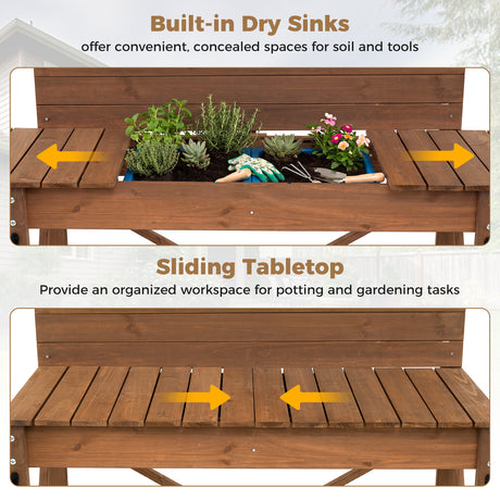 Outdoor Potting Bench Table, Wooden Garden Workstation with Sliding Tabletop