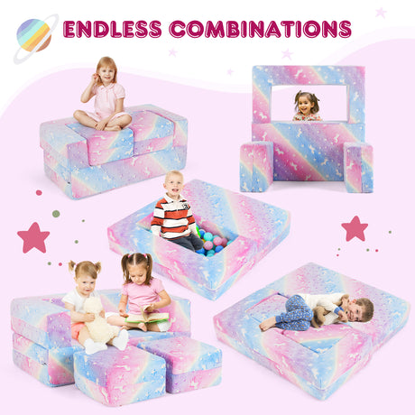 2 Seater Kids Play Couch, Glow in the Dark Modular Sofa Play Set for Toddlers, 3-in-1 Baby Fold out Sofa