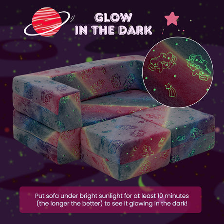 2 Seater Kids Play Couch, Glow in the Dark Modular Sofa Play Set for Toddlers, 3-in-1 Baby Fold out Sofa