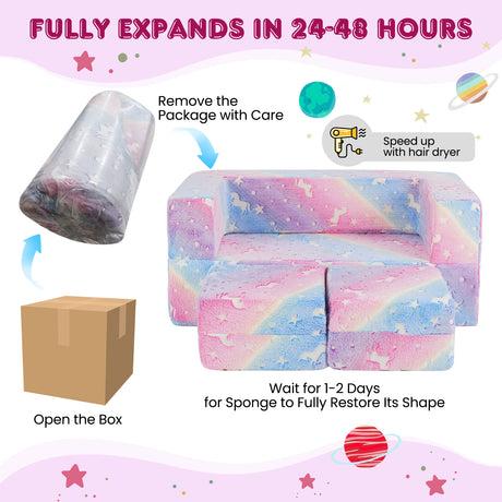 2 Seater Kids Play Couch, Glow in the Dark Modular Sofa Play Set for Toddlers, 3-in-1 Baby Fold out Sofa