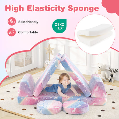 HONEY JOY Modular Kids Play Couch Set, 6 PCS Glow in The Dark Fold Out Children Sofa Couch Chair w/Machine-Washable Flannel Covers