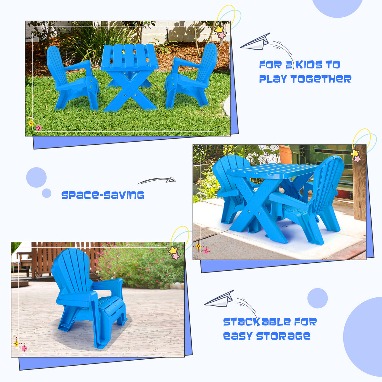 Kids Plastic Table with 2 Adirondack Chairs Set, Toddler Play Table and Chairs for Tea Time