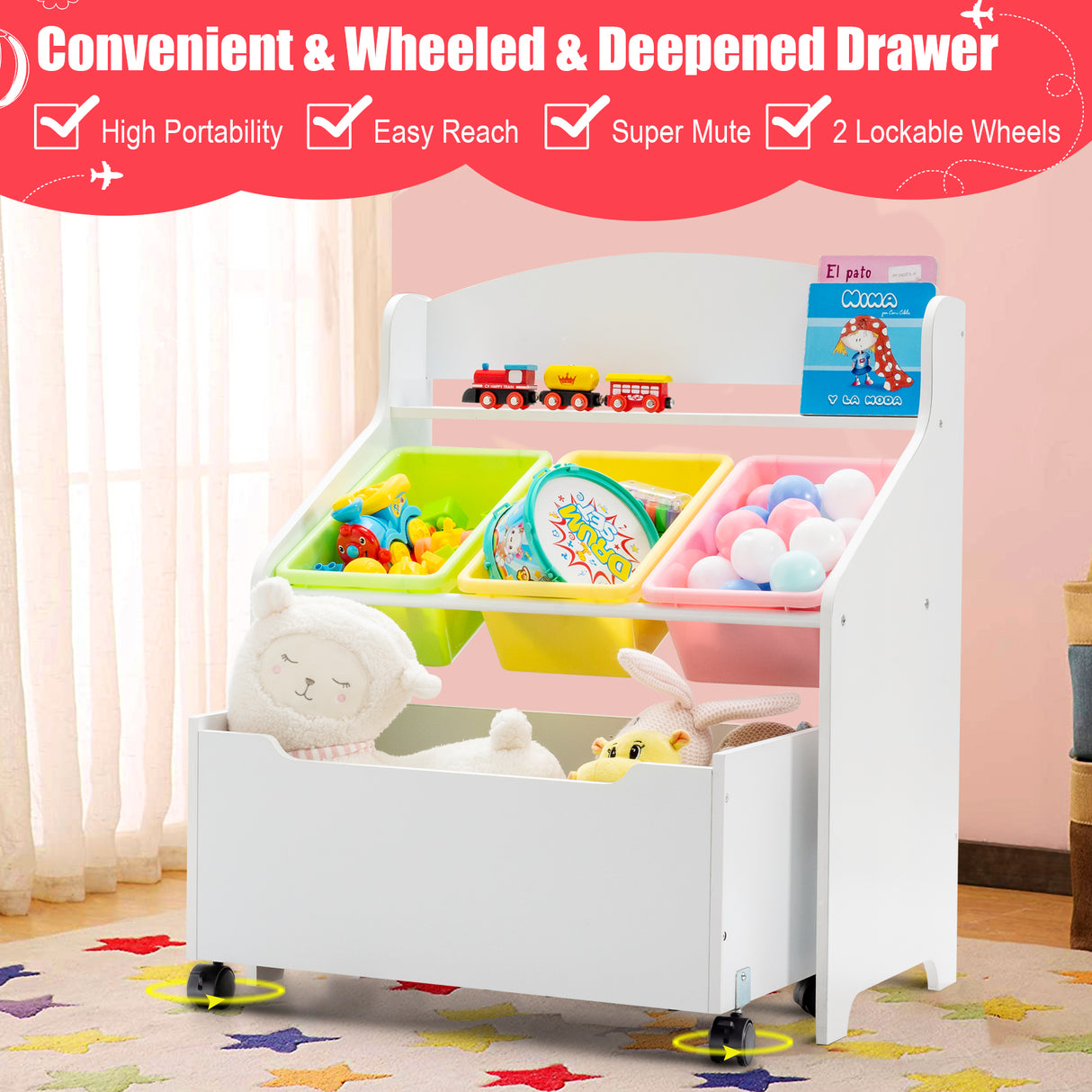 Kids Wooden Storage Cabinet, Preschool/Homeschooling Mobile Organizer Shelf