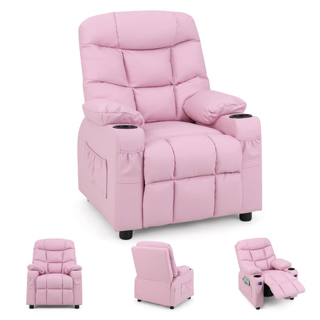 HONEY JOY Kids Recliner Chair with Cup Holder, Adjustable Leather Lounge Armchair w/Footrest Cup