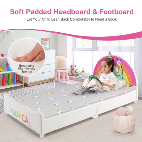 Kids Upholstered Platform Bed Children Twin Size Wooden Bed Unicorn Pattern