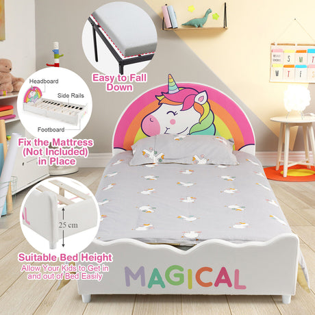Kids Upholstered Platform Bed Children Twin Size Wooden Bed Unicorn Pattern