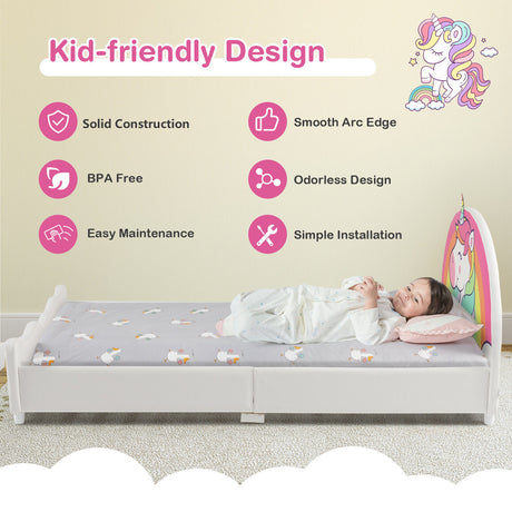 Kids Upholstered Platform Bed Children Twin Size Wooden Bed Unicorn Pattern