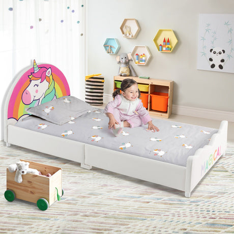 Kids Upholstered Platform Bed Children Twin Size Wooden Bed Unicorn Pattern