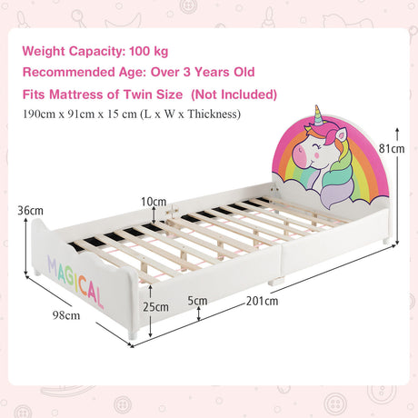 Kids Upholstered Platform Bed Children Twin Size Wooden Bed Unicorn Pattern