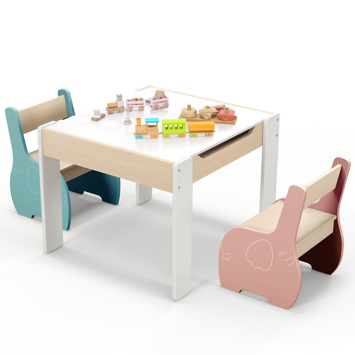HONEY JOY Kids Table and Chair Set, 3-in-1 Wooden Activity Table and 2 Chairs for Drawing, Studying