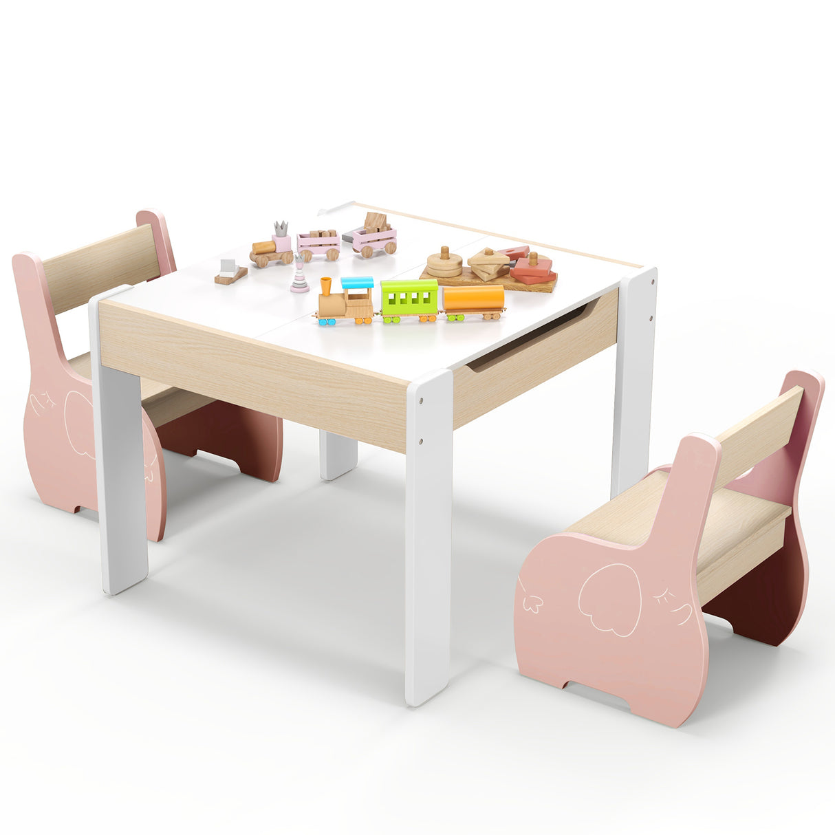 HONEY JOY Kids Table and Chair Set, 3-in-1 Wooden Activity Table and 2 Chairs for Drawing, Studying