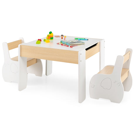 HONEY JOY Kids Table and Chair Set, 3-in-1 Wooden Activity Table and 2 Chairs for Drawing, Studying
