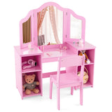 HONEY JOY 2 in 1 Kids Vanity Table & Chair Set, Princess Vanity Table with Removable Tri-fold Mirror
