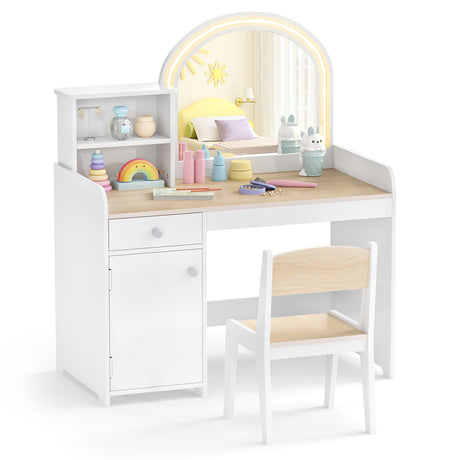 Makeup Table & Chair Set with Acrylic Mirror & 2-Colour LED Lights