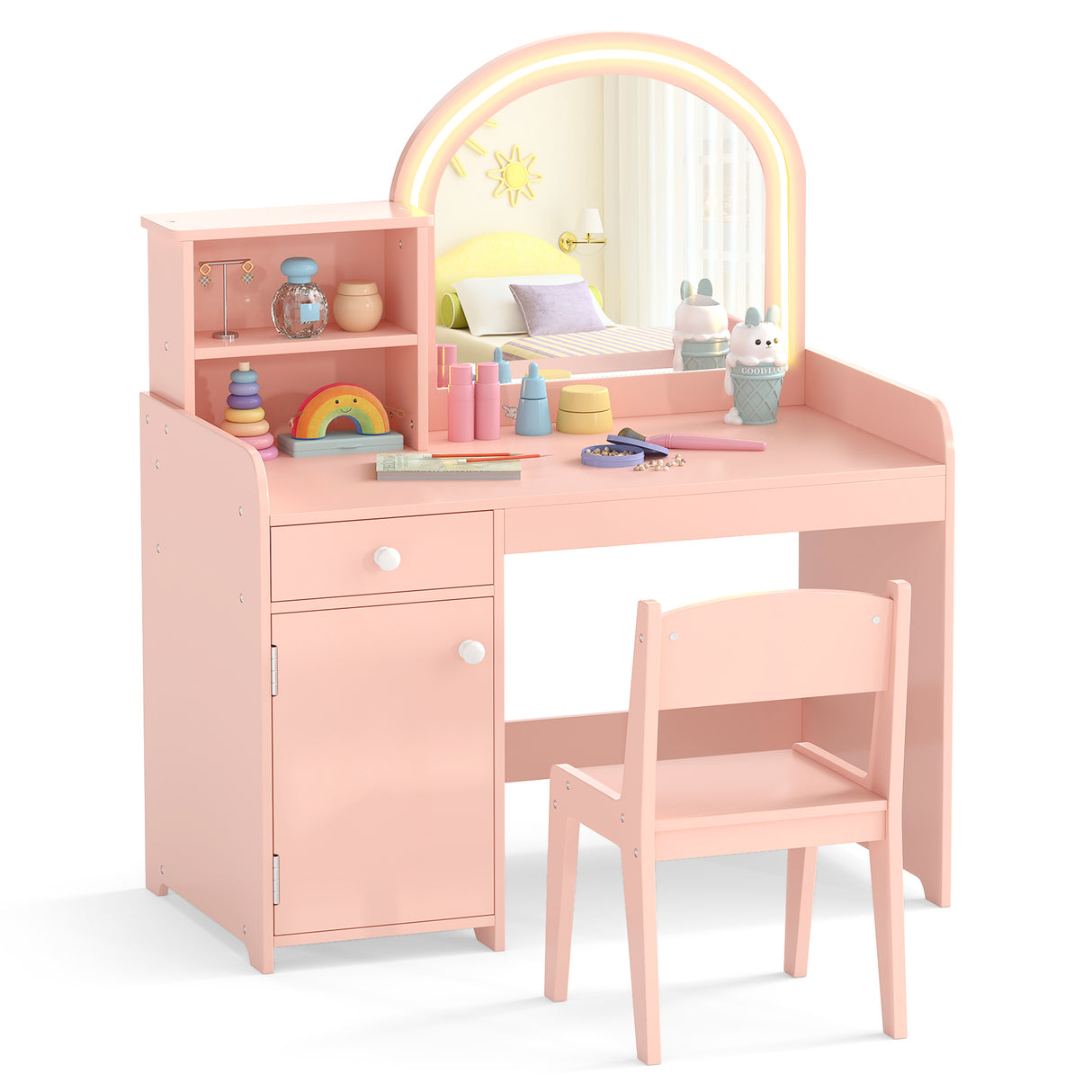 Makeup Table & Chair Set with Acrylic Mirror & 2-Colour LED Lights
