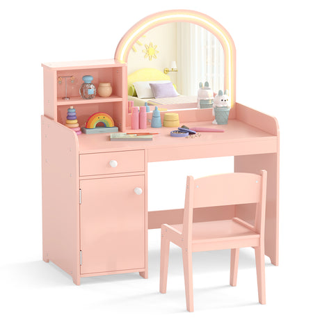 Makeup Table & Chair Set with Acrylic Mirror & 2-Colour LED Lights