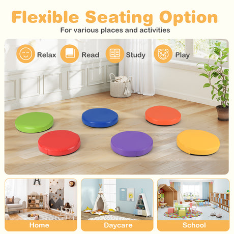 Colorful flexible seating cushions on a wooden floor with examples of use in home, daycare, and school settings.